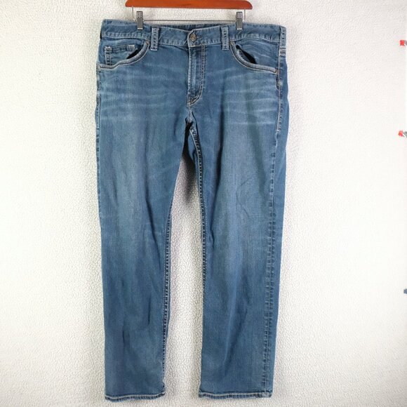Silver Jeans Mens 40X32 Blue Eddie Relaxed Tapered Leg Stone Wash Whiskers - Picture 1 of 12
